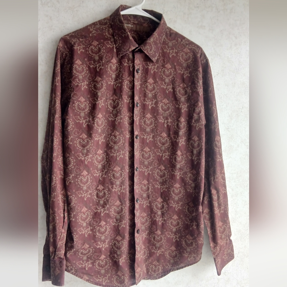 Perry Ellis Men's Long Sleeve Button Down Shirt Sz Medium Burgundy and brown
